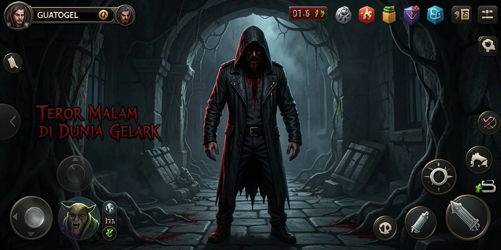 Tampilan gameplay GUATOGEL yang menakutkan saat eksplorasi malam.