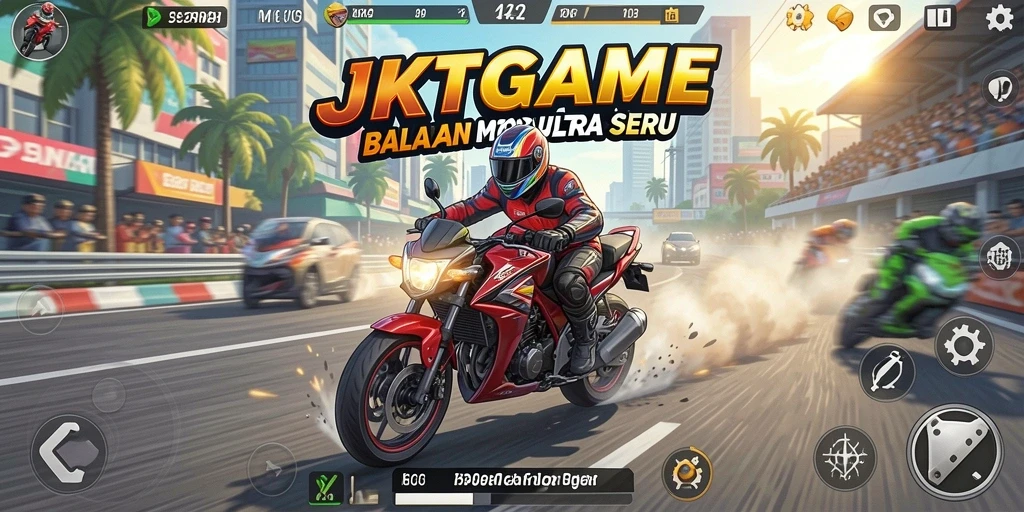 Gameplay seru JKTGAME dengan balapan motor penuh aksi.