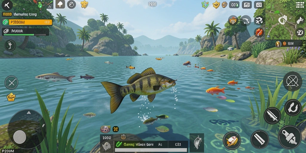Screenshot gameplay P200M yang menunjukkan aktivitas memancing di lautan.