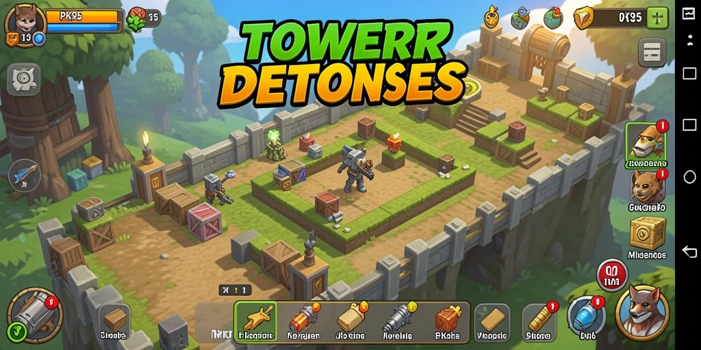 Tangkapan layar gameplay PK95 menampilkan menara yang aktif dan musuh yang mendekat.