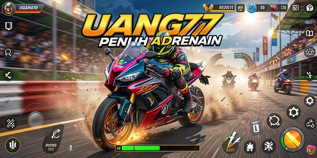 Tampilan gameplay UANG77 saat balapan motor dengan trek yang menantang.